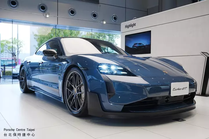 Porsche Taycan Turbo GT painted in Pale Blue Metallic