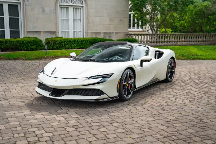 Ferrari SF90 Spider painted in Bianco Avus and Nero DS