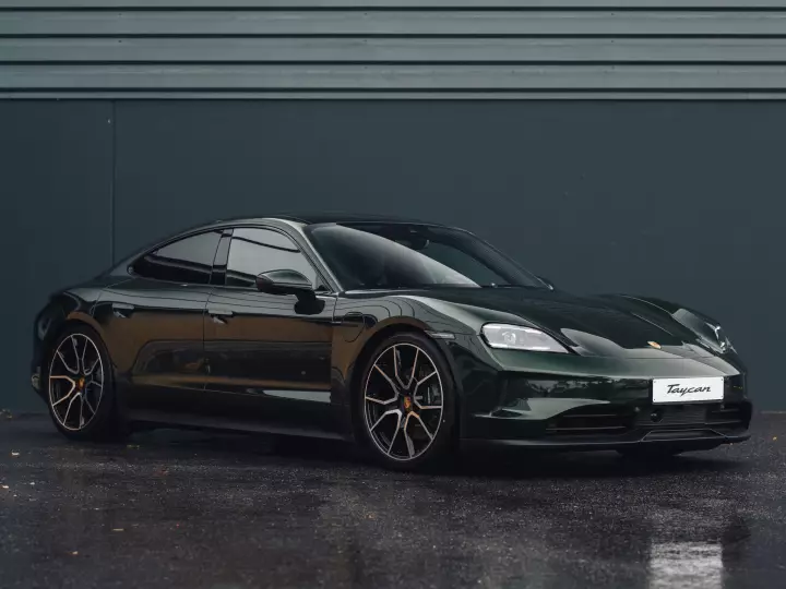 Porsche Taycan painted in Oak Green Metallic Neo